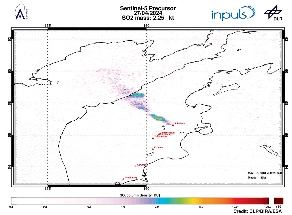 On 2024-04-27 #TROPOMI has detected an enhanced SO2 signal of 3.69DU at a distance of 59.3km to #Shiveluch. #DLR_inpuls @tropomi #S5p #Sentinel5p @DLR_en @BIRA_IASB @ESA_EO #SO2LH