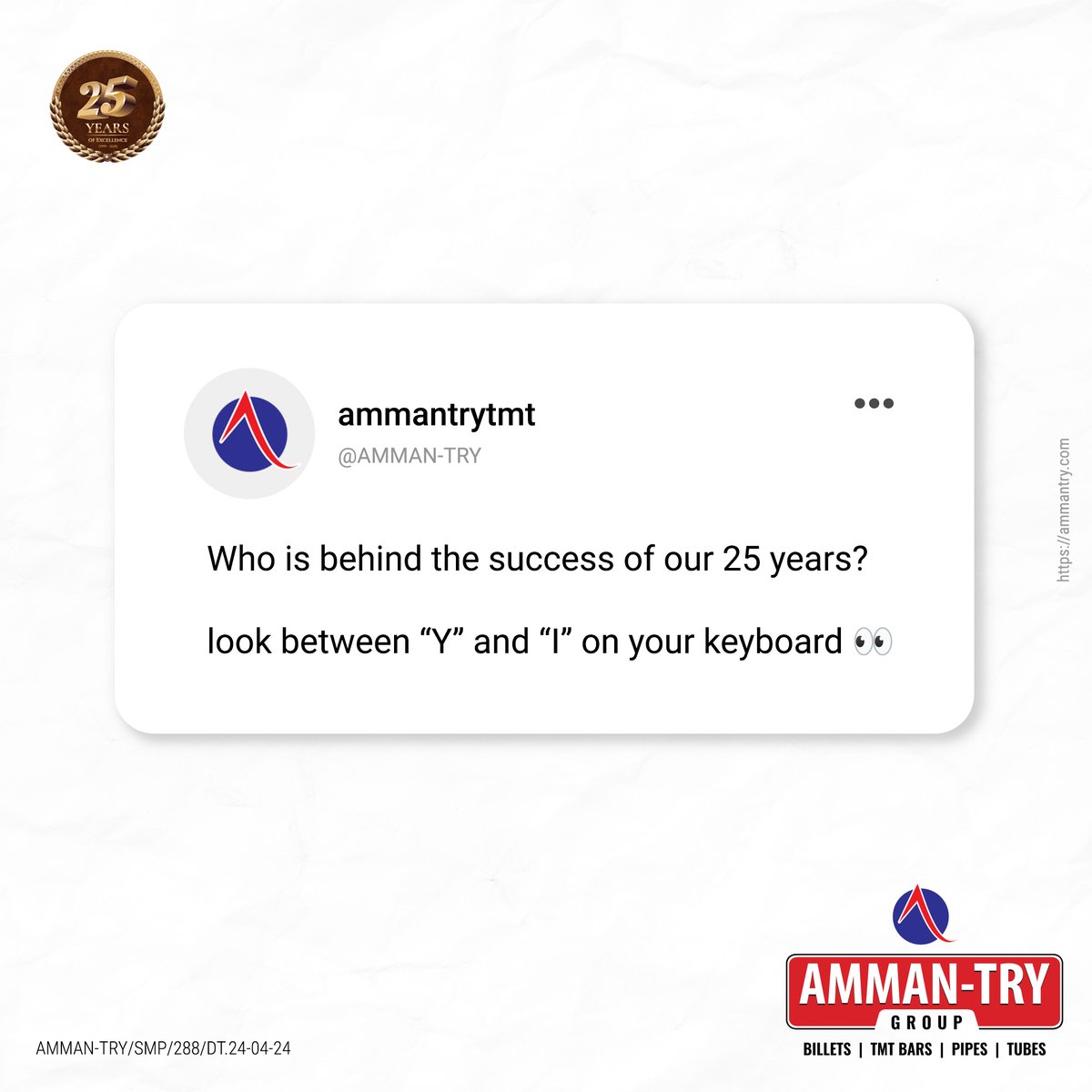 25 Years Strong! 

But who's the real reason for our success?  Look between the 'Y' and 'I' on your keyboard...

That's right, it's YOU!

For 25 years, you've been by our side, supporting us and making #AMMANTRY the brand it is today. 

#25Years #ThankYou #TrendingNow #TMTBars