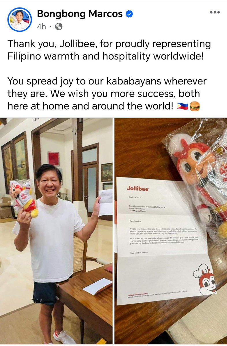Ang cute ni Pbbm 😍😍😍 chill lang, relax lang, happy lang with Jollibee ❤️ Haters will hate you, just knock them with your SMILE ☺️ @bongbongmarcos