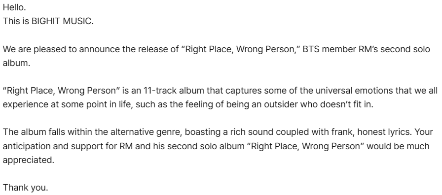 [New Music🎶] RM - 'Right Place, Wrong Person' Pre-Order 📅Friday, 26 April ⏰4am SAST Release 📅Friday, 24 May ⏰6am SAST #RM #RightPlaceWrongPerson @BTS_twt