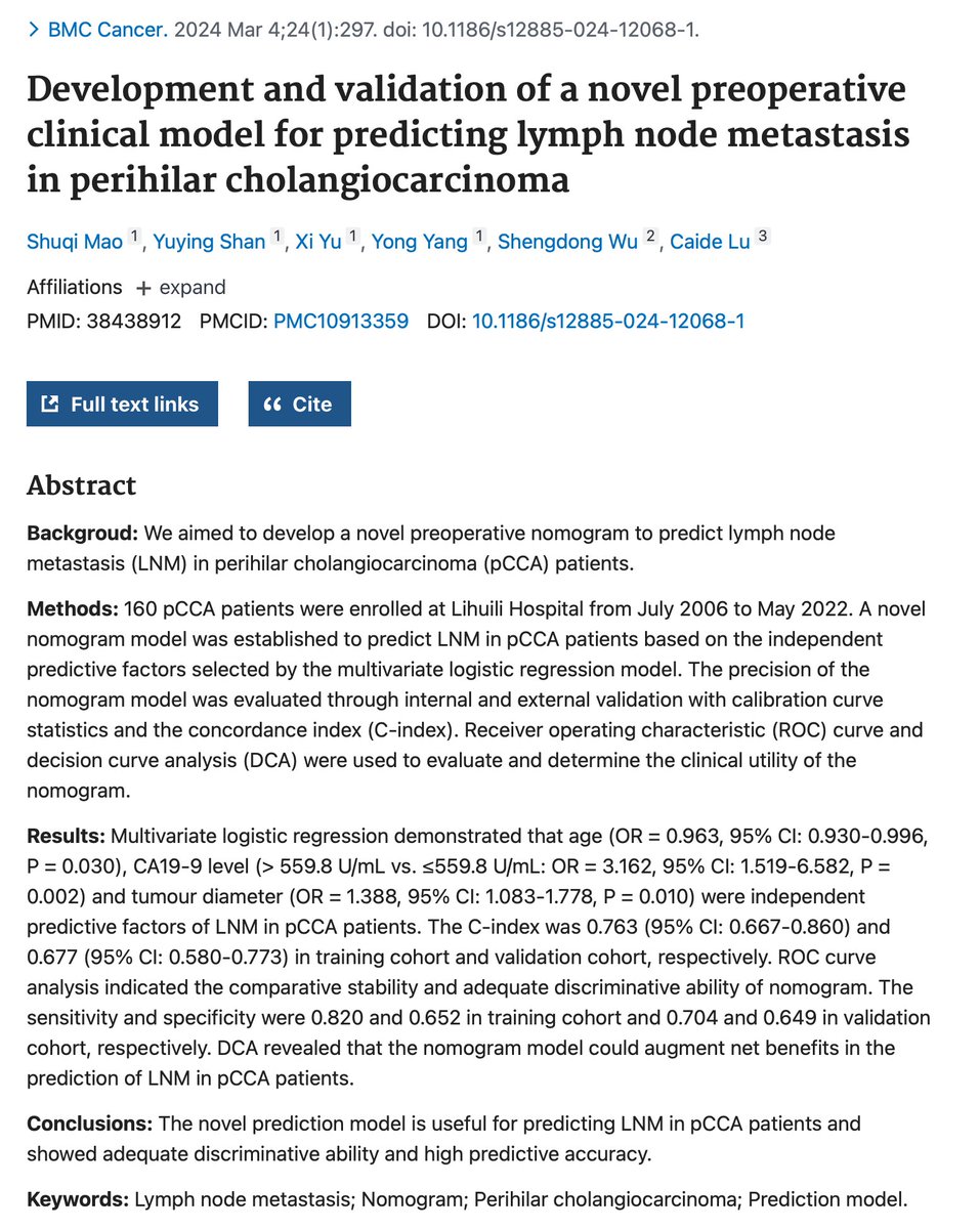 Novel nomogram for perihilar cholangiocarcinoma predicts lymph node metastasis with age, CA19-9 levels as factors. C-index 0.763 proves high accuracy in a 160 patient study. #CancerPrediction #Oncology #Cholangiocarcinoma #MedicalInnovation