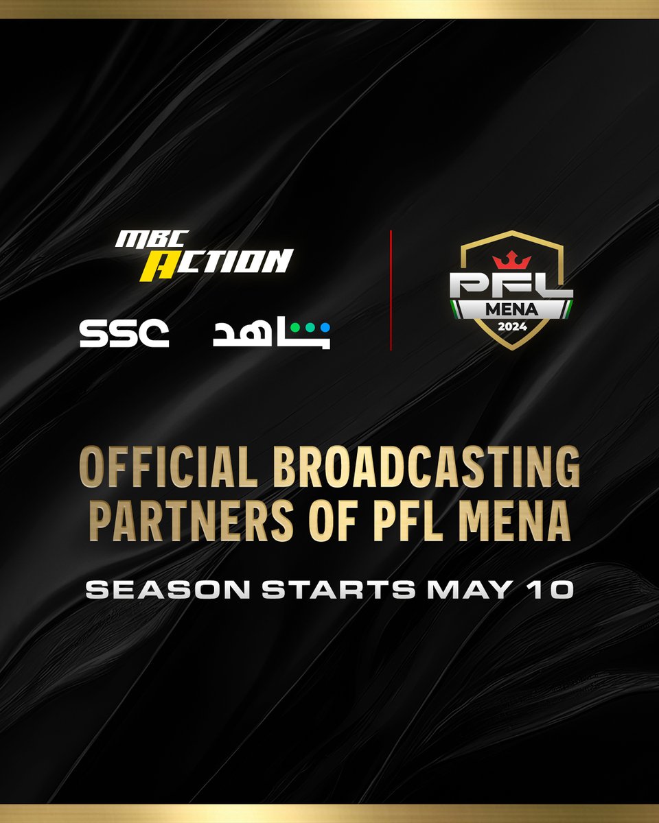 The official broadcasting partners of #PFLMENA across the region - @mbcaction, @ShahidVOD, and @ssc_sports

Season starts Friday May 10 | Riyadh, KSA

#PFL #MMA #MakingHistory #SaudiArabia #MENA