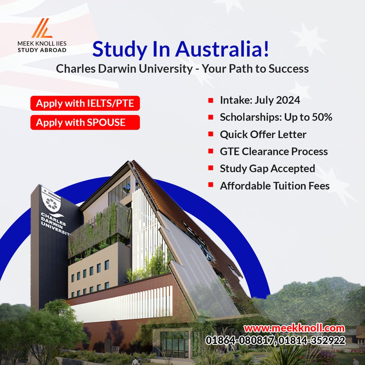 𝐒𝐭𝐮𝐝𝐲 𝐢𝐧 𝐀𝐮𝐬𝐭𝐫𝐚𝐥𝐢𝐚
✔️Charles Darwin University - Your Path to Success!
✔️Apply with IELTS/PTE
✔️Intake: July 2024
⭕ Register Now:
meekknoll.com/public/get-adv…
📞 Contact Us: 01864080817, 01814352922, 01814192393
 #BangladeshToAustralia #InternationalEducation