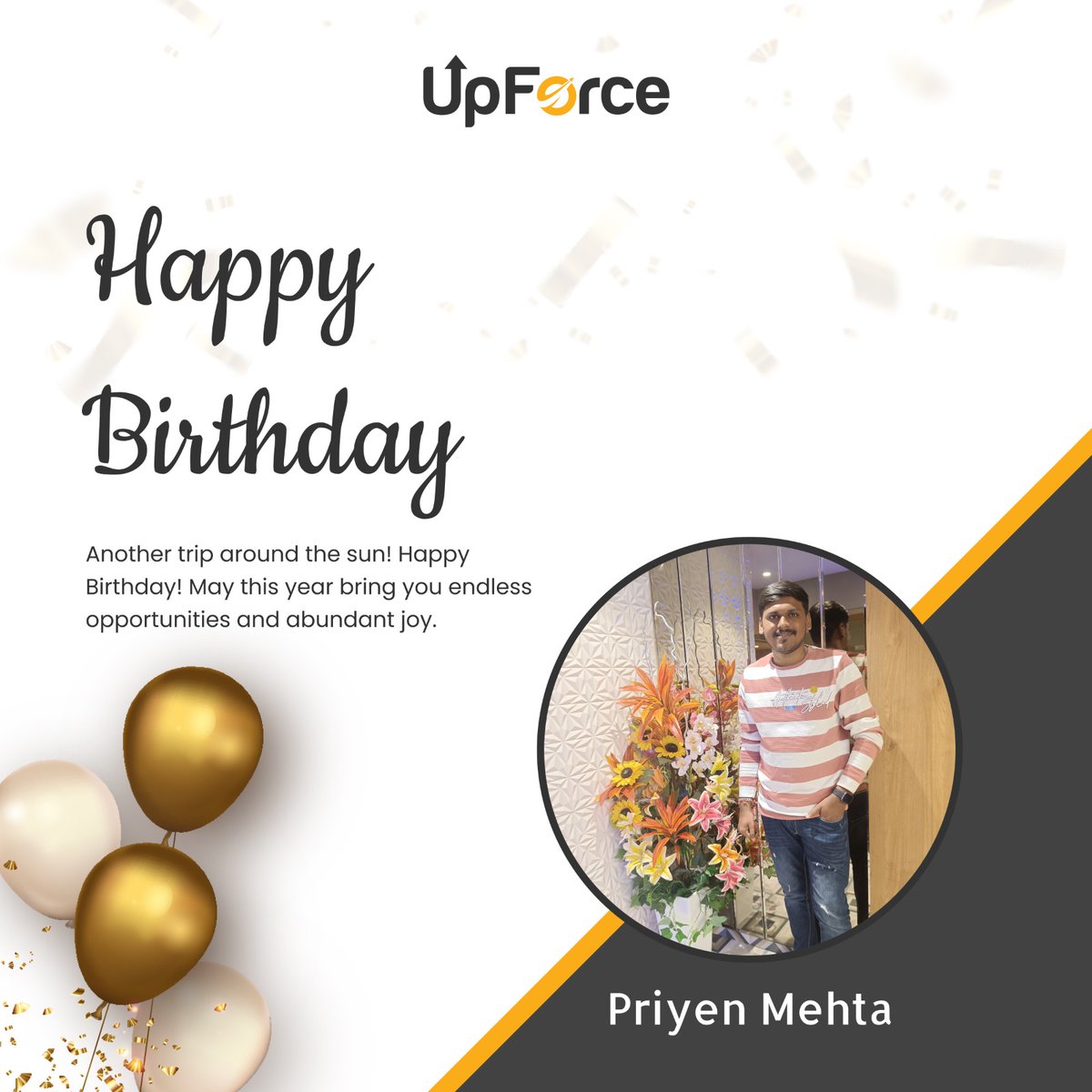 'Happy Birthday to our incredible team member at UpforceTech! 🎉 Your dedication and hard work are the real gifts to our company. Here's to another amazing year ahead filled with success and joy! 🎂🎈 #UpforceFamily #BirthdayCheers'