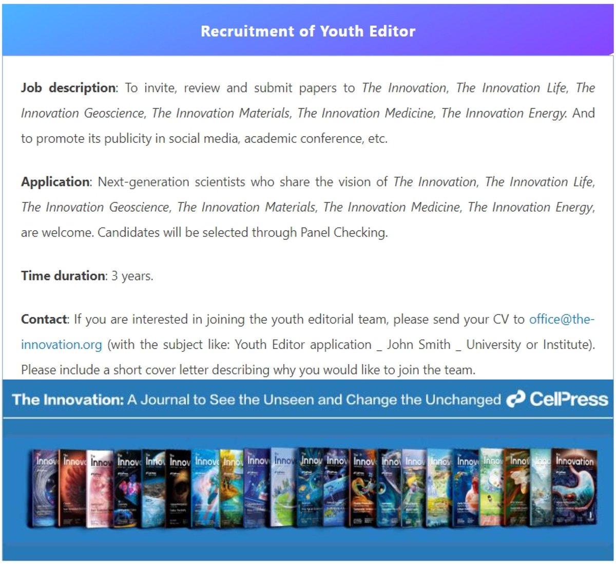 The Innovation Call for Youth Editor--v2.0 The Innovation and its affiliated journals are actively seeking youth editors. If you are interested in joining our youth #Editorial team, please feel free to reach out to us (Email: office@the-innovation.org). @The_InnovationJ…