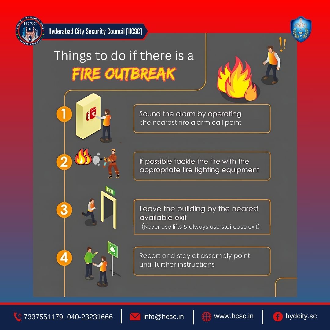 If there is a🔥 #fire outbreak, take immediate action to protect yourself and others.

Follow these below mentioned steps to help minimize the #risk of injury and save lives.🛡️

Remember, #safety is the priority during a fire outbreak.

#FireSafety #ProtectYourself…