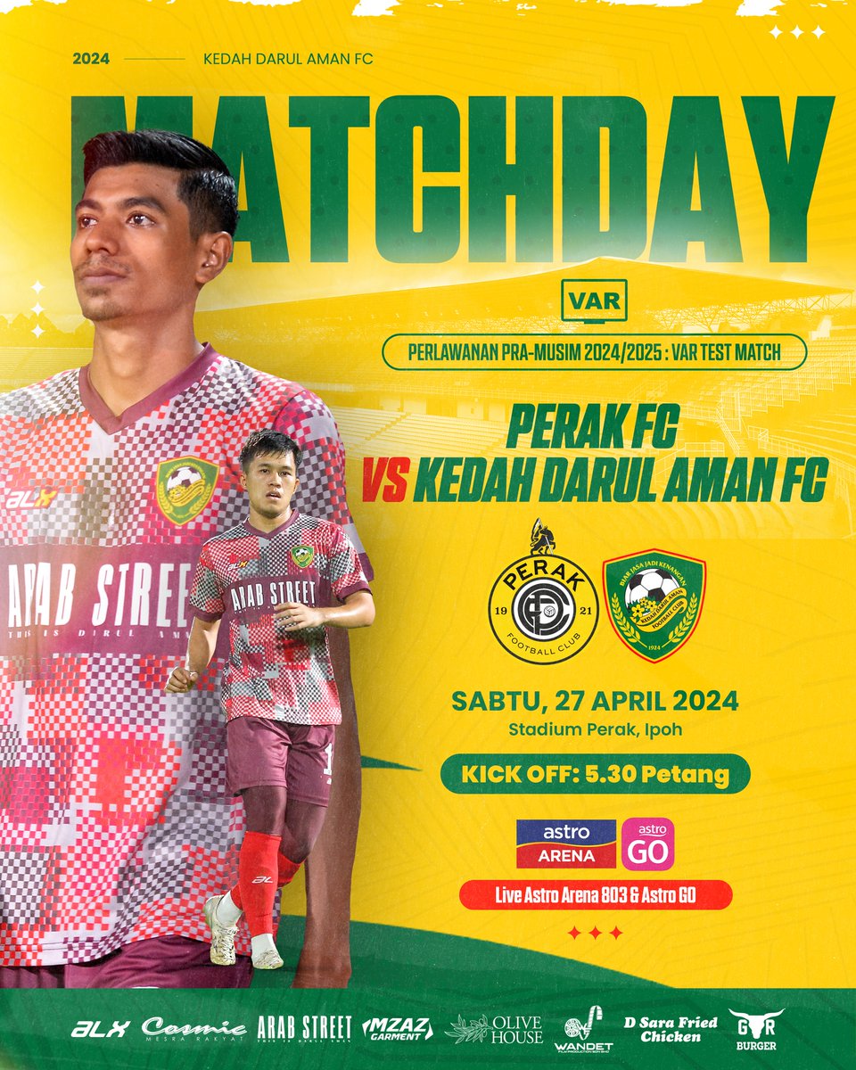 AKSI PERSAHABATAN 2024/25

HARI INI

Perak FC  lwn KDA FC
Stadium Perak, 5.30 ptg

#friendlymatch
#kejoryobkejor
#pulunkedahpulun