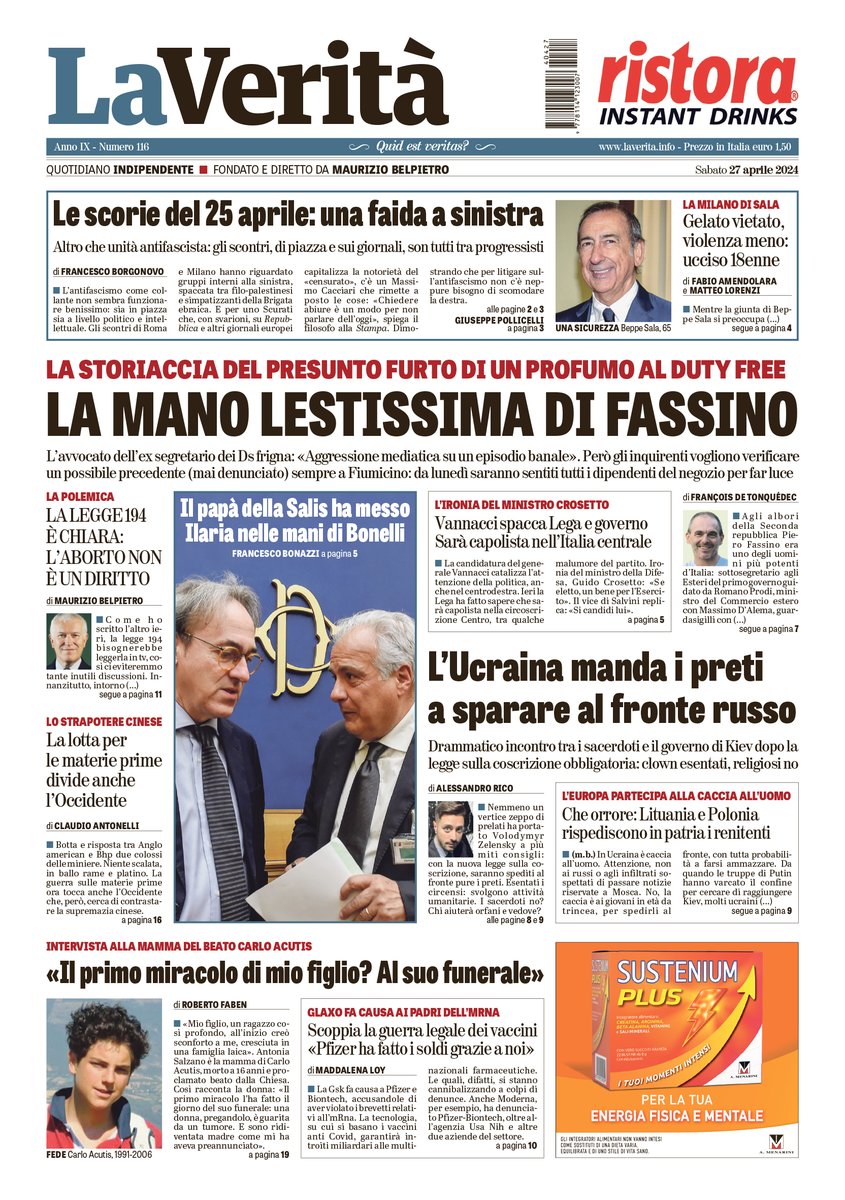 #LaVeritàdioggi La mano lestissima di Fassino 🗞️ La legge 194 è chiara: l’aborto non è un diritto 🗞️ Il papà della Salis ha messo Ilaria nelle mani di Bonelli 🗞️ La lotta per le materie prime divide anche l’Occidente social.laverita.info/sfogliatore