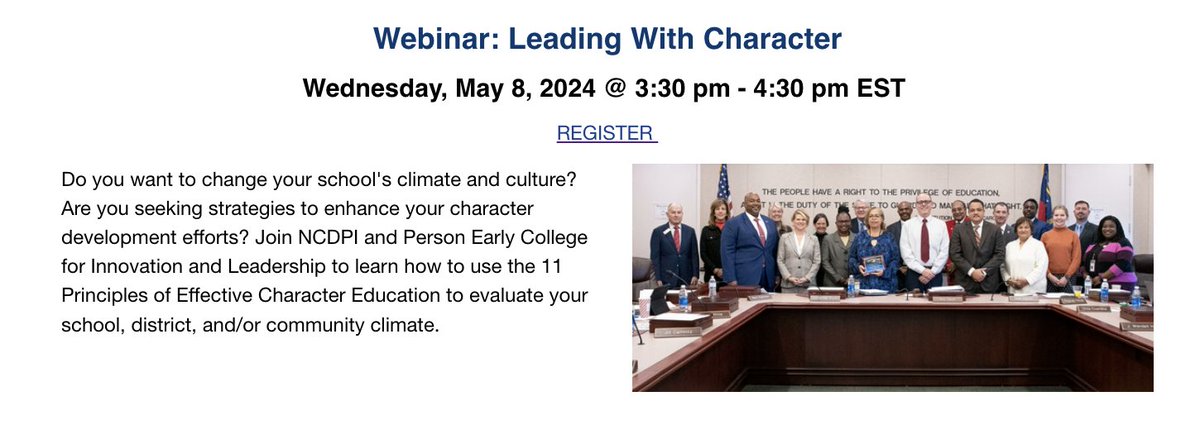 Join us on TOMORROW at 3:30 pm for a dynamic webinar hosted by NCDPI and Person Early College for Innovation and Leadership! Discover how to elevate character development efforts using the 11 Principles of Effective Character Education.

Register now!
ncgov.webex.com/weblink/regist…