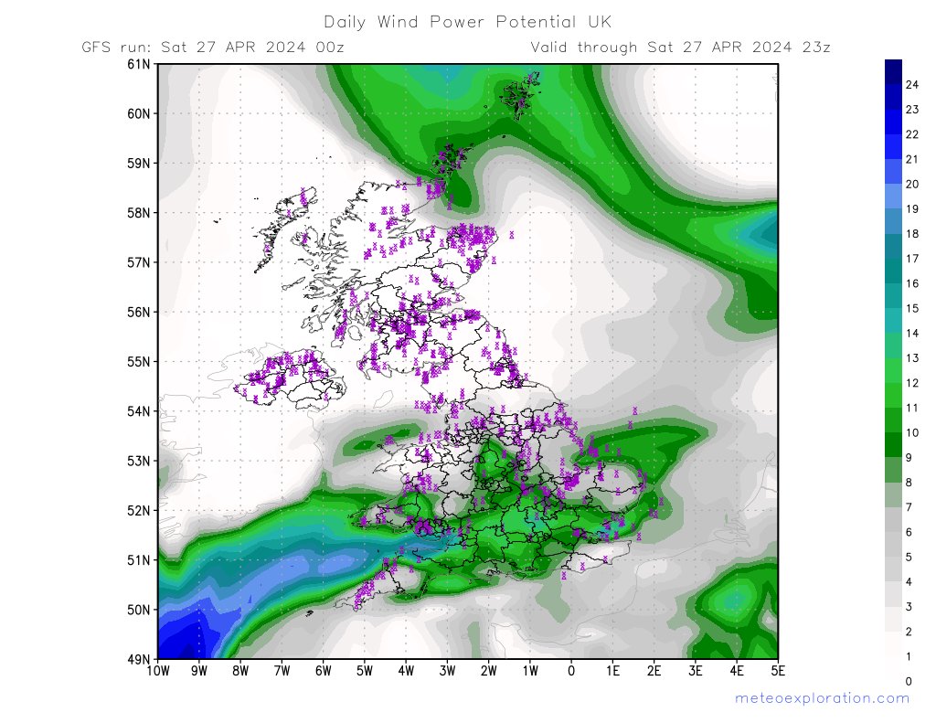 Mean Wind Power Potential today in the UK: 16% Maximum 76% at 51.16, -4.1 meteoexploration.com/en/energy/#win…