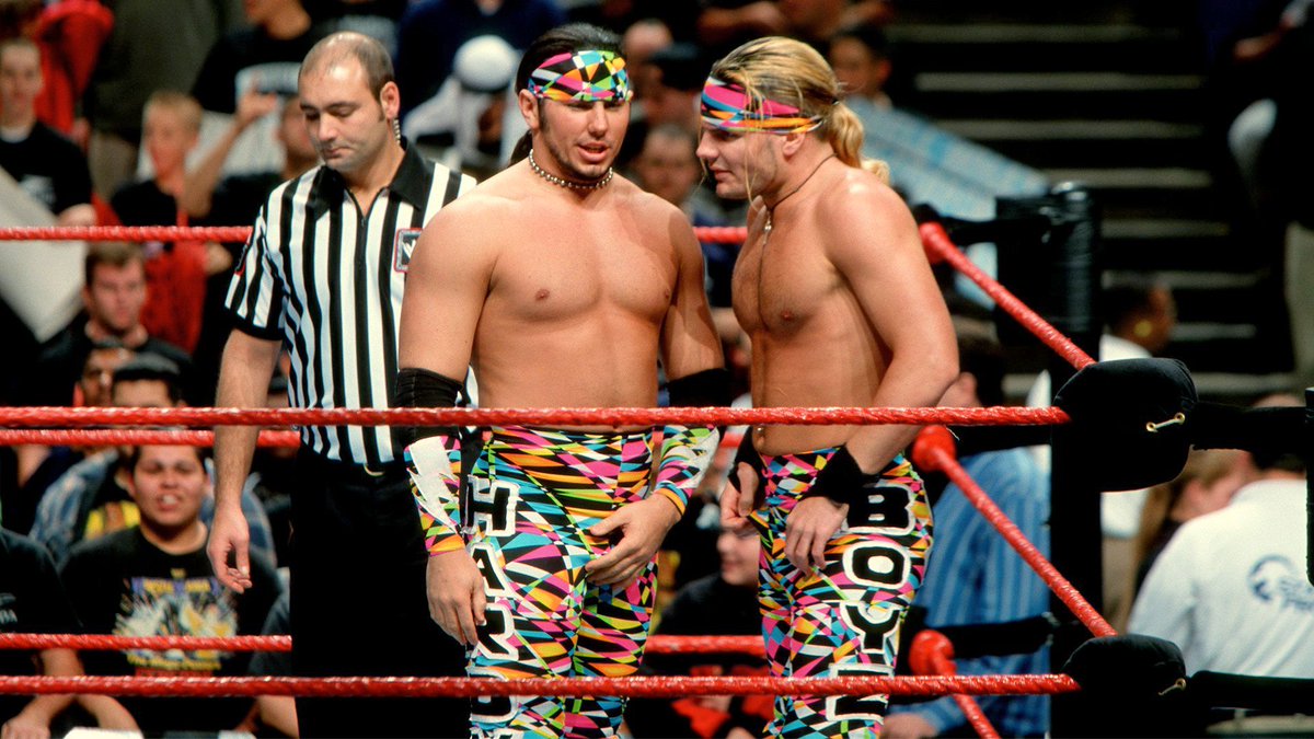 The Hardy Boyz looking colorful at the '99 Royal Rumble. Christian defeated Jeff Hardy in a dark match to kick off the show. #WWF #WWE #Wrestling #MattHardy #JeffHardy