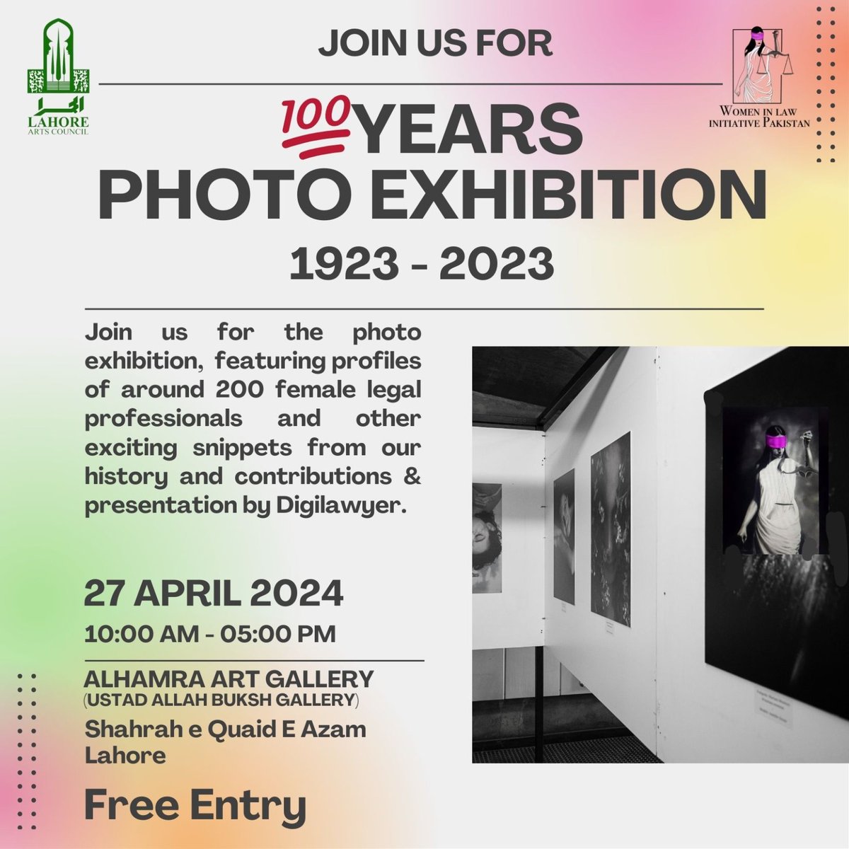 Today is the last opportunity to attend the historic photo exhibition marking 100 years of women's right to practice law. Don't miss this opportunity of seeing history & the struggles come alive! See you at Alhamra Mall Road Lahore any time b/w 10 am to 5 pm!

#VisibilityMatters