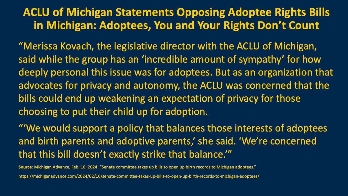 To my #AdopteeRights friends, if you want to support good causes, I can recommend many. I would strongly urge you to NEVER give a dime again, EVER, to any branch of the ACLU until the group formally apologizes for the harm it promotes in legislative settings to 'class adoptee.'