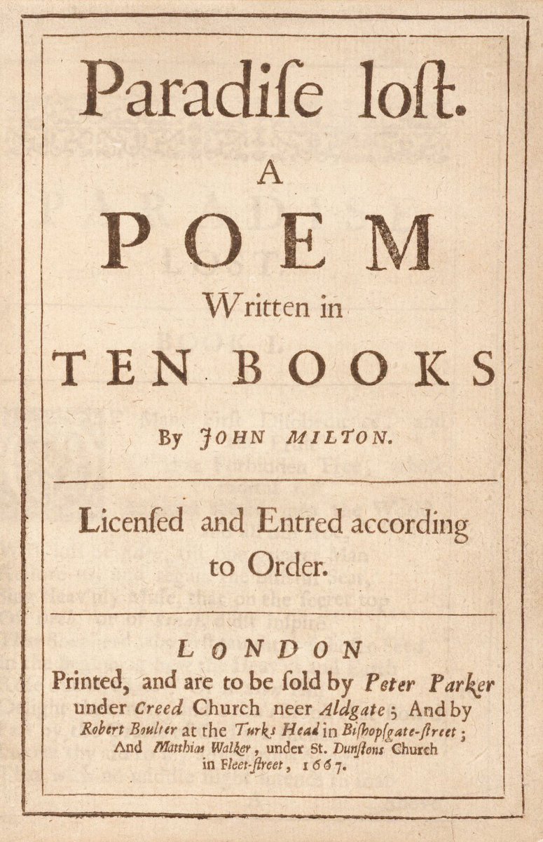 Paradise Sold: John Milton, blind & poor, sold Paradise Lost #OTD 1667; publisher's contract agreed four payments of £5. @britishlibrary