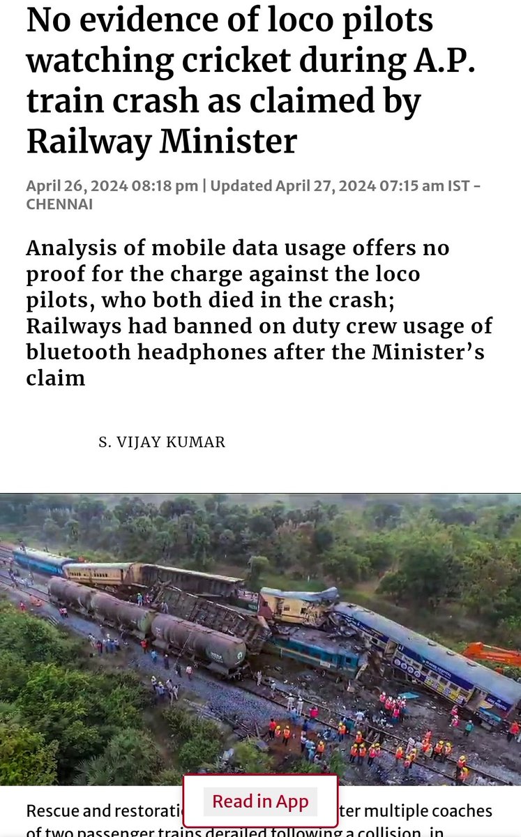 In March the Railways minister Ashwini Vaishnaw blamed the loco pilots blindly for the Oct 2023 A.P. train accident that killed 13 passengers now the probe in the mobile activity show they were not ...

Only in India the ministers get away with this ...