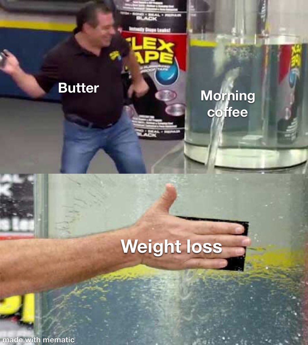 The thinking of a genius…/Moron.

@daveasprey  is a massive charlatan  / nut case. The idea of putting butter in coffee is ludicrous advice for an overweight person to do. 

Achieve a deficit, meet protein needs, exercise daily, avoid fads, and have success.

#weightloss #fit
