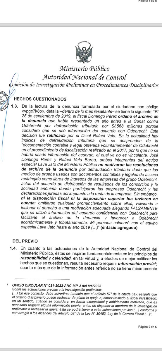 Página 2 de 5 de la resolución de la #AutoridadNacionaldeControl del ministerio público donde se abre investigación a los fiscales #RafaelVela y #DomingoPérez por haber ordenado a #Sunat archivar denuncia contra #Odebrecht por defraudación de 588 millones de soles.