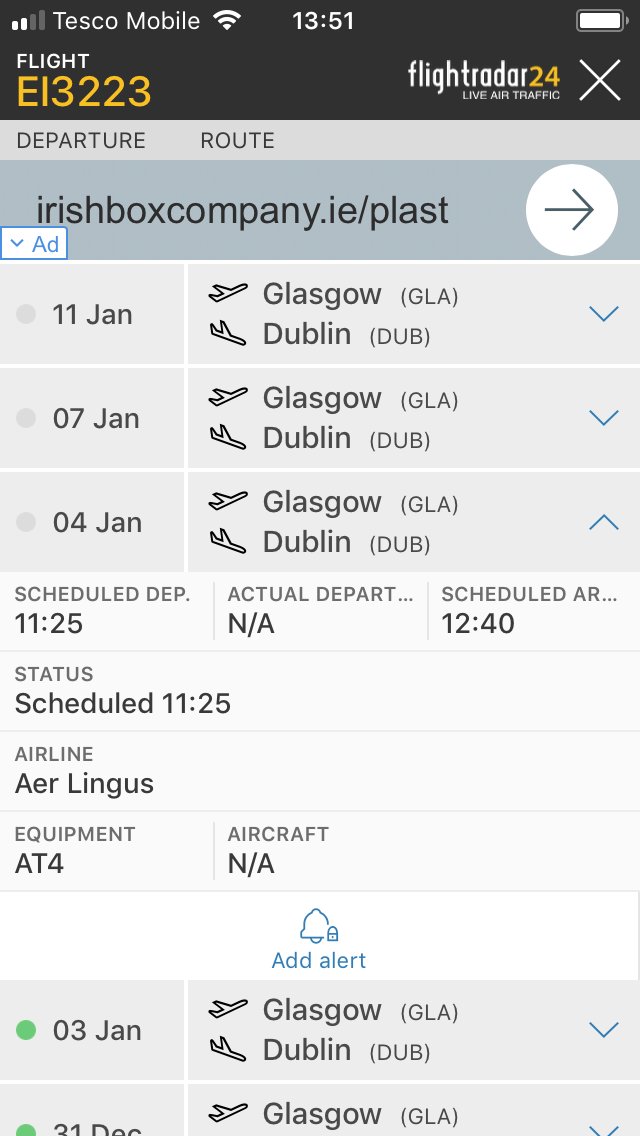 SINCE 2013 AERLINGUS INBOUND FOR DUBLIN FROM GLASGOW ATR42-600