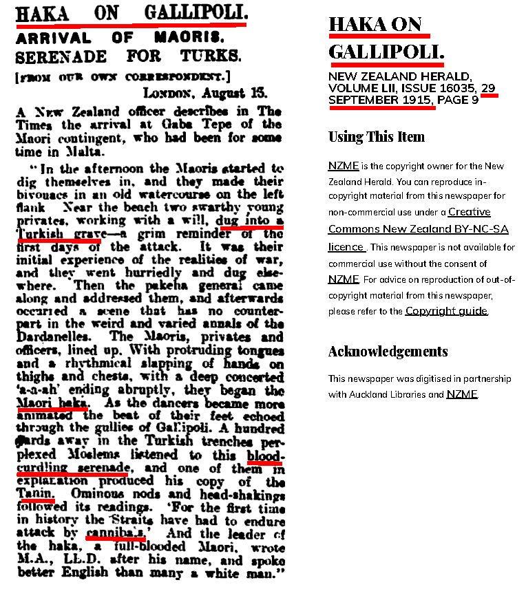 HAKA DANSI denilen SAVAŞ ÇIĞLIKLARI ATARAK MEYDAN OKUMA GÖSTERİSİ 1915'te Çanakkale Savaşı'nda Mehmetçiklerimizi öldüren Yeni Zelanda Maori birliklerince Mehmetçiklerimize 'kan dondurucu serenad' olarak sergilenmiştir. HAKA güzellemesi yapan 'Türk' = [G]ururu [Ö]lmüş [T]ürk'tür.