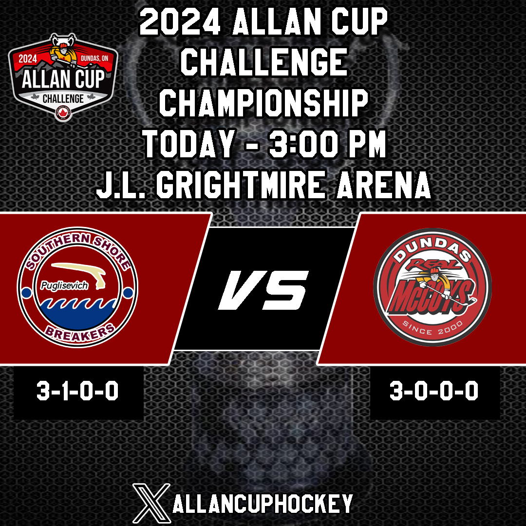 It is the final game of the tournament. 1 team will leave today with the Allan Cup in their possession. Will it be the @SrBreakers or the @DundasRealMcCoy? Join us @ the J.L. Grightmire Arena, watch on @CHCHTV or online on Cable14now.com. Game time is 3pm (4:30pm NFLD)