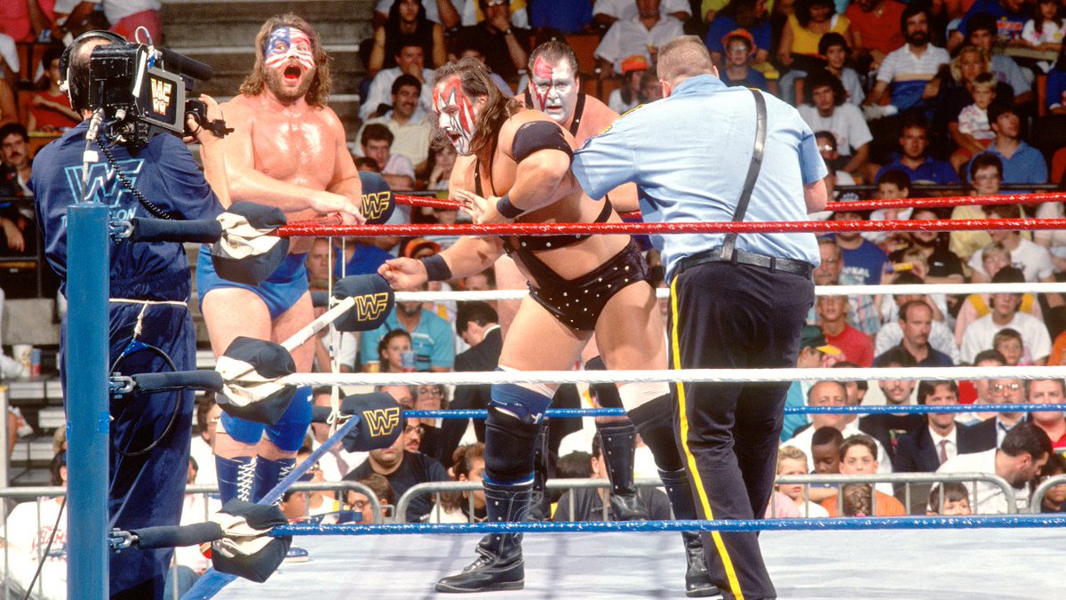 SummerSlam Sunday! Six-Man tag action back in 1989. ☀️ #WWF #WWE #SummerSlam #Demolition #JimDuggan #Akeem #BigBossMan #AndretheGiant