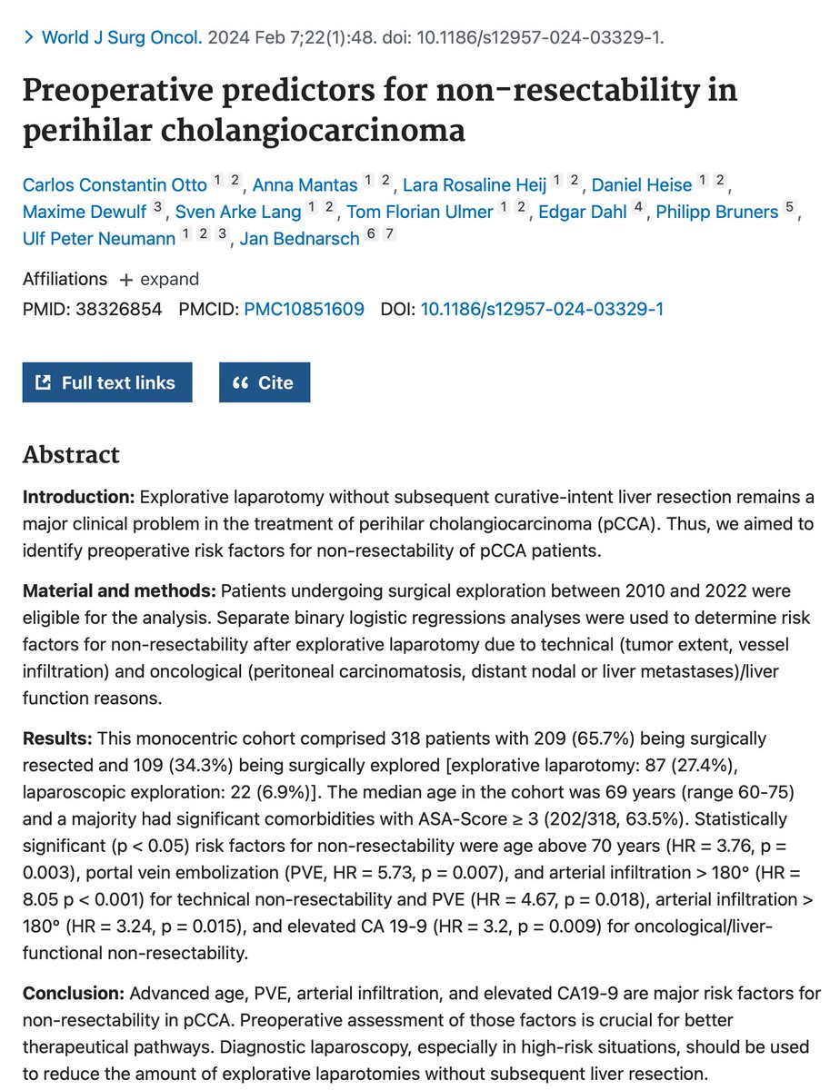 Study identifies age, PVE, arterial infiltration, and CA 19-9 levels as key preoperative predictors for non-resectability in pCCA, guiding better surgical decision-making. #Cholangiocarcinoma #SurgicalOncology #PatientSelection