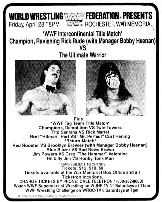 On this day in 1989: WWF Superstars hit the War Memorial, Rochester, New York. 🤼 #WWF #WWE #Wrestling #RickRude #UltimateWarrior