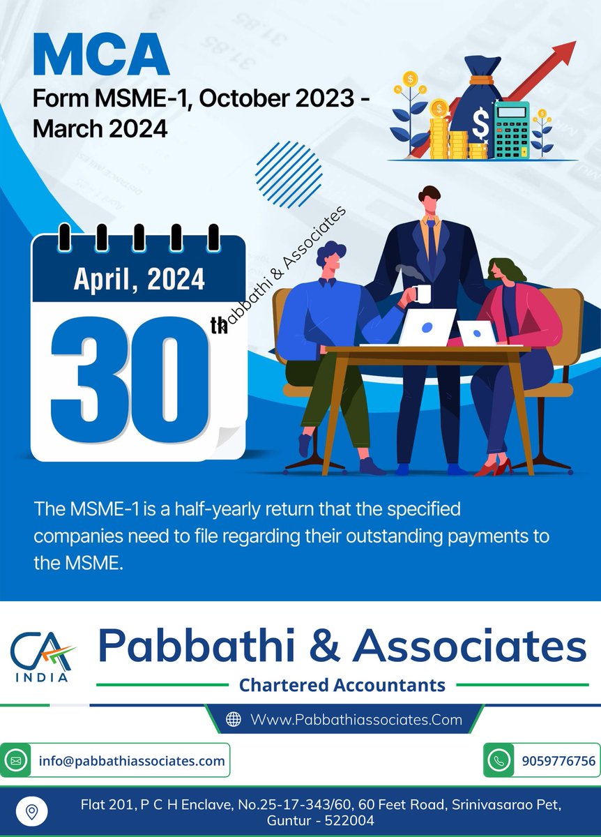 Due date of Form MSME-1, October 2023 -
March 2024

Visit pabbathiassociates.com for finance, audit and tax updates

#taxation #tax #taxes #accounting #accountant #taxseason #incometax #business #finance #charteredaccountant #audit #taxtime #incometaxreturn #india #money