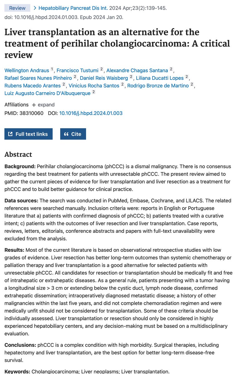 Review indicates liver transplantation can be a viable treatment for select peri-hilar cholangiocarcinoma cases, potentially offering better long-term results than chemo or palliation. #Cholangiocarcinoma #LiverTransplant #Oncology