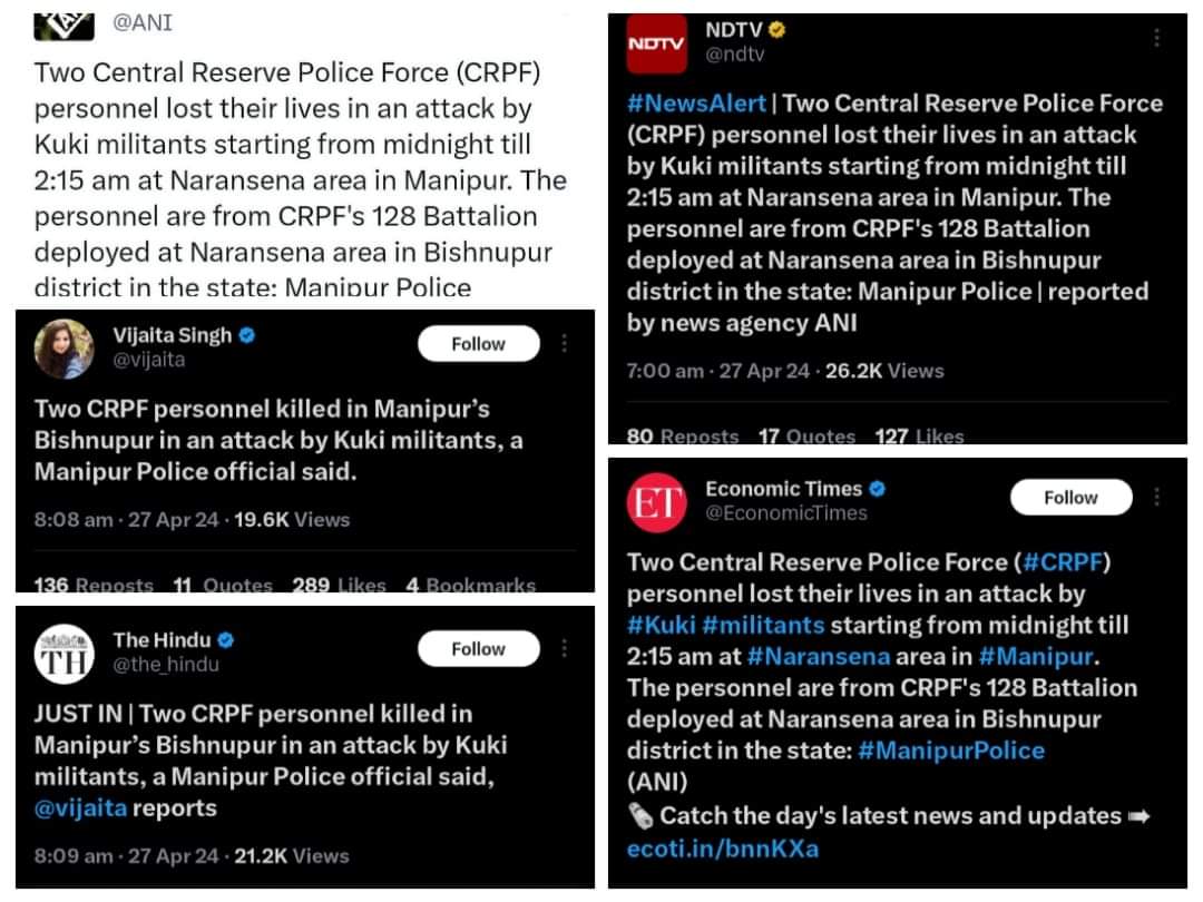 Two CRPF personnel tragically lost their lives, and two others were injured in a deadly attack by Kuki Militants at Naranseina, Bishnupur district, #Manipur.

#IndiaUnderAttack #CRPF #IndianJawan  #SaveManipurSaveIndia 
#KukiAtrocities #KukiTerrorists
