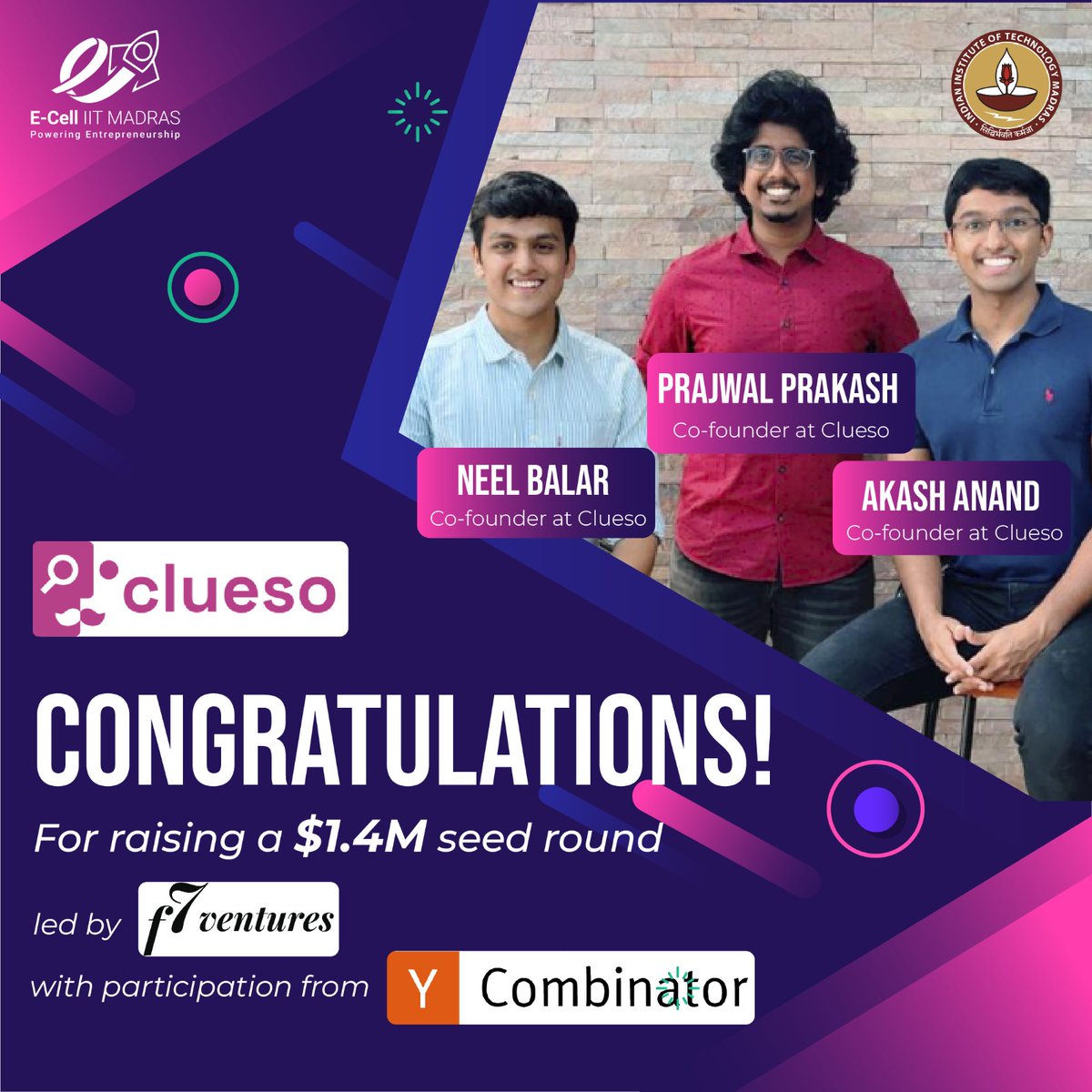 @iitmadras alumni founders at @goClueso have secured a $1.4M seed round led by f7 Ventures, with continued support from @ycombinator. Their AI-powered platform is transforming corporate training and product demos, while enhancing efficiency. #IITMadras #Clueso #StartupSucces