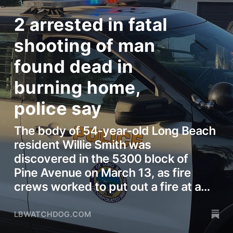 Fernando Haro: Long Beach police say they’ve arrested two men on suspicion of killing another man whose body was found by firefighters putting out a fire at a North Long Beach home last month.  Read it on the Watchdog: lbwatchdog.com/p/2-arrested-i…
