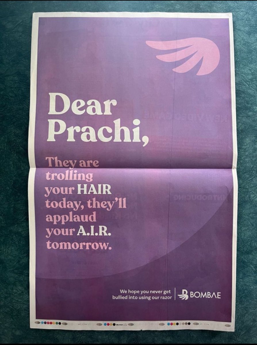 Bombay Shaving Company does a full page ad for Prachi, The UP board topper, who was being trolled for facial hair. Haven’t seen something this desperate. This message goes to their own TG, not to the people who bullied her, hey pls remember to buy our razors while you shed a…