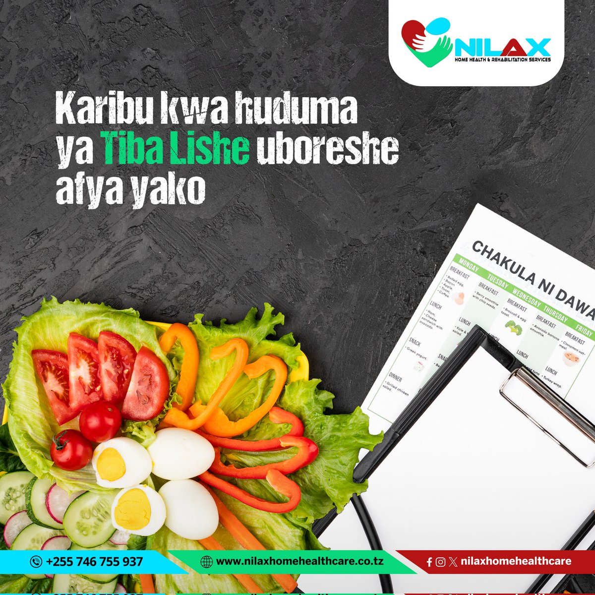 Kila chakula unachokula kina matokeo hasi au chanya kwenye mwili wako. Huduma yetu ya Tiba Lishe itakusaidia kupata muongozo mzuri wa vyakula vyakutumia ili kuboresha afya yako.
Wasiliana nasi sasa kupata huduma hii.

#NilaxHomeCare #AfyaMajumbani #Nutritiontherapy #Tibalishe