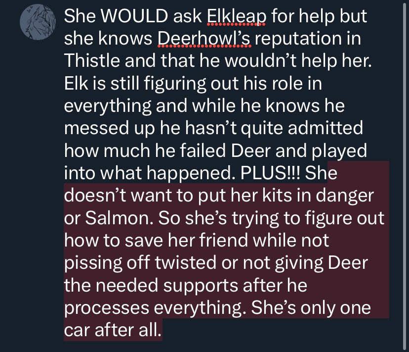 “What’s Morningdove’s goal even? What’s she trying to do?”

In which I ramble about a fictional cat’s goal/thought process instead of doing something I need to do.

(Pardon my typos)
#ClawsOfSteel_