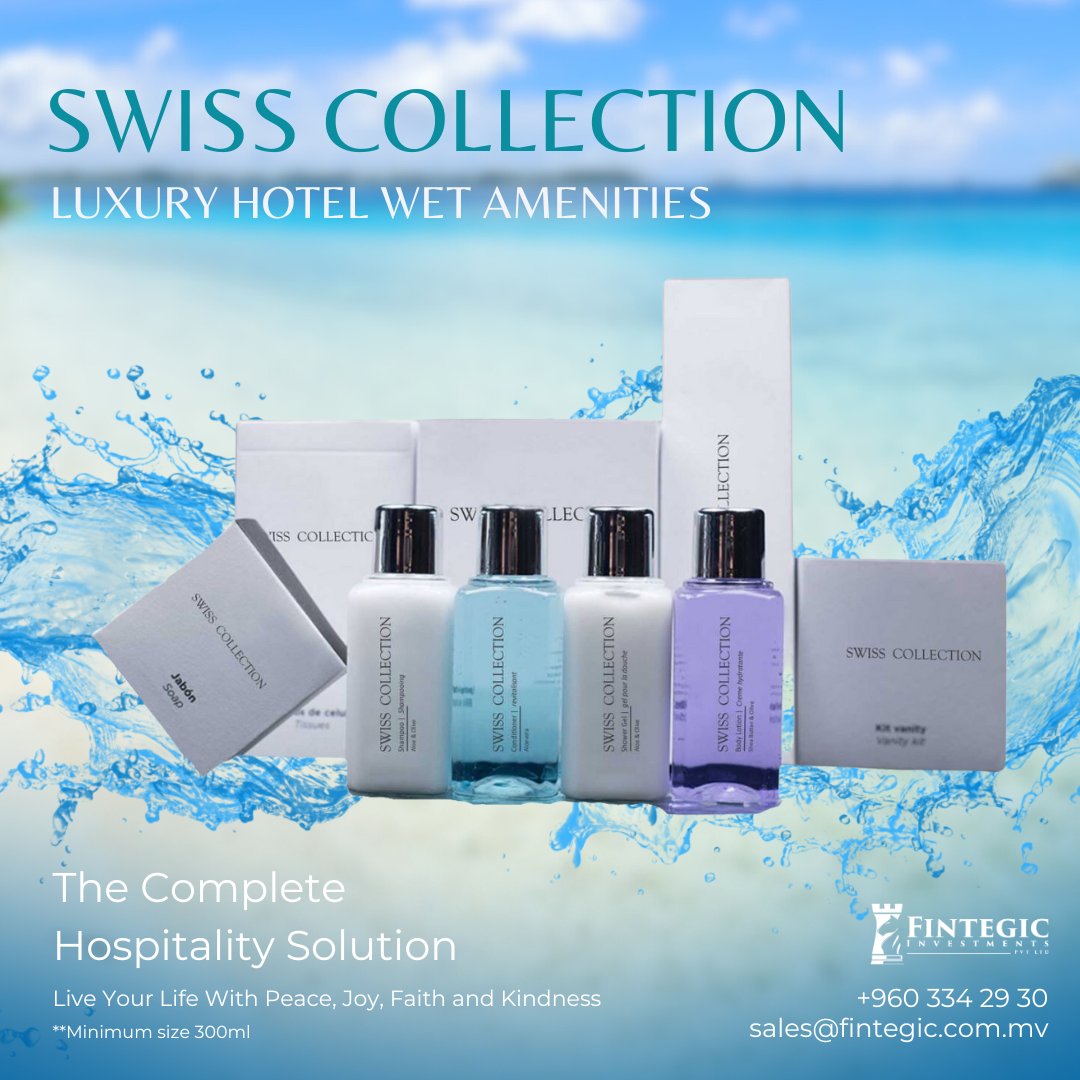 swiss collection luxury hotel wet amenities

The Complete Hospitality Solution
**Minimum size 300ml

#fintegic #resorts #maldives #maldivesresorts #resortsupply #supply  #swisscollection #luxuryhotelwetamenities #swisscollectionhotels #bathroomessentials #travel #hotels #spa