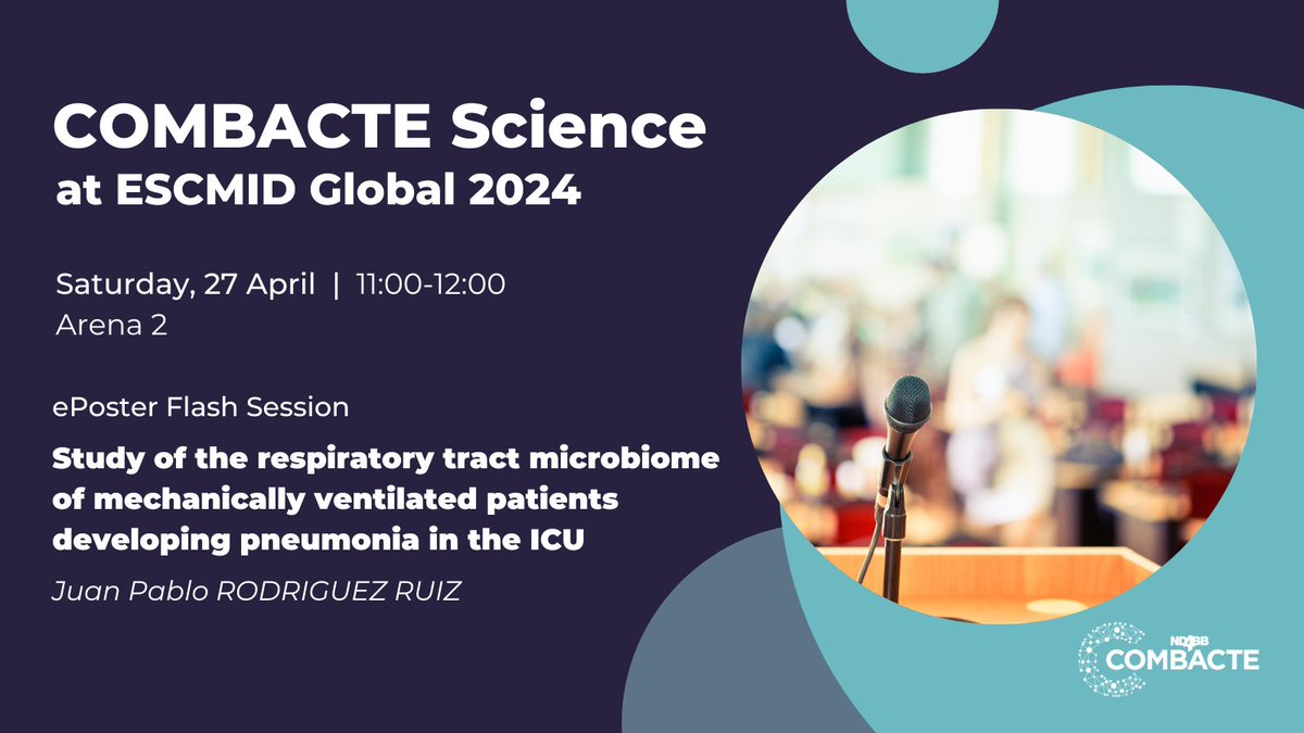 Head over to Arena 2 for a presentation on #pneumonia in the ICU with results from a COMBACTE-NET #clinicaltrial. Don't miss it! @IHIEurope @EFPIA @MedMicroLab_UA #ECCMID2024 #ESCMIDGlobal2024 @ESCMID @juanpacirca