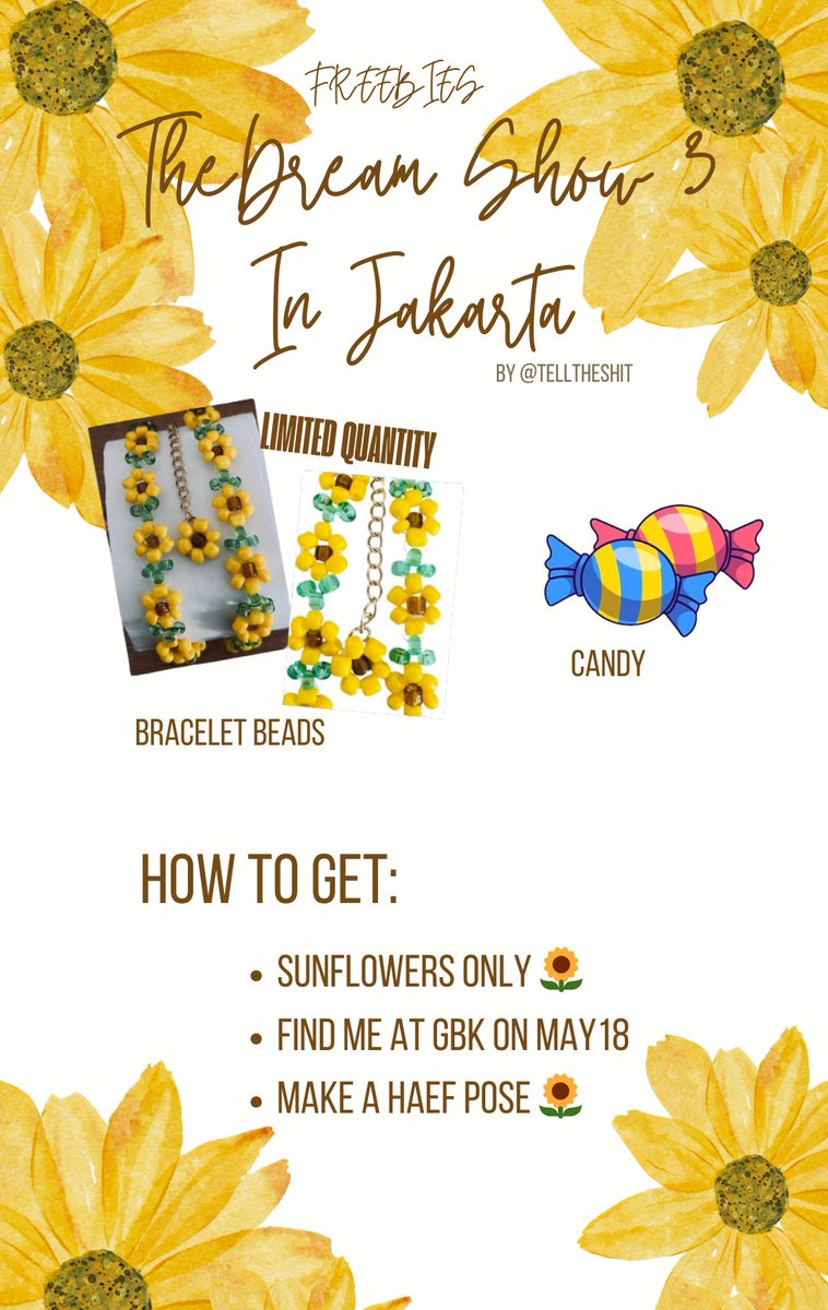 🌻FREEBIES THE DREAM SHOW 3🌻
by: sfs 

✨ Limited Quantity 
✨ Like & RT, show this post
✨ sunflowers will be prioritized
✨ kindly to tag me if you get 
✨please don’t throw or sell!

📆 18 May 2024
📍 GBK 

#THEDREAMSHOW3_IN_JAKARTA