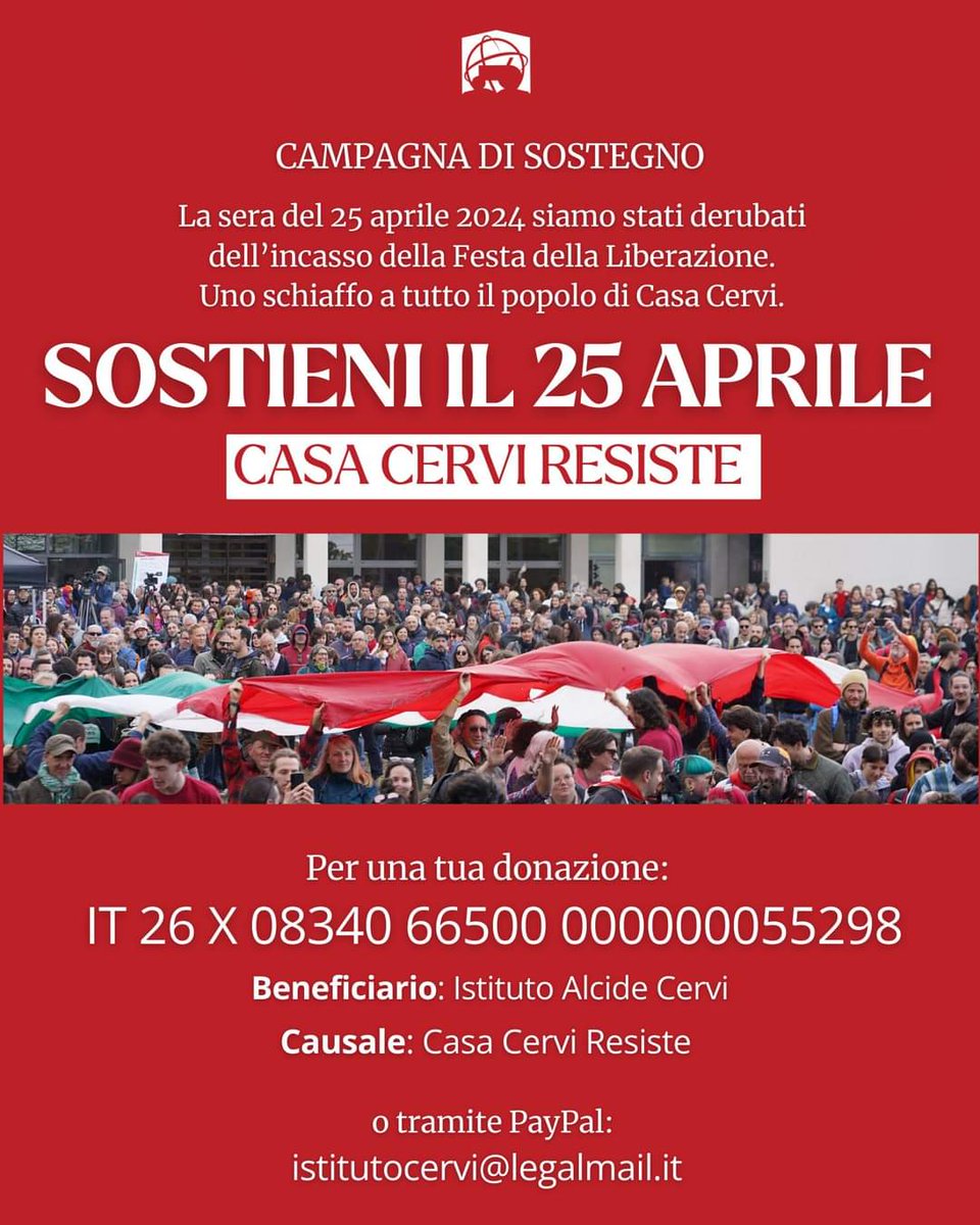 Invitiamo calorosamente tutte e tutti alla solidarietà e all'appoggio concreto! L'ANPI nazionale ha già provveduto. Forza CASA CERVI🌹