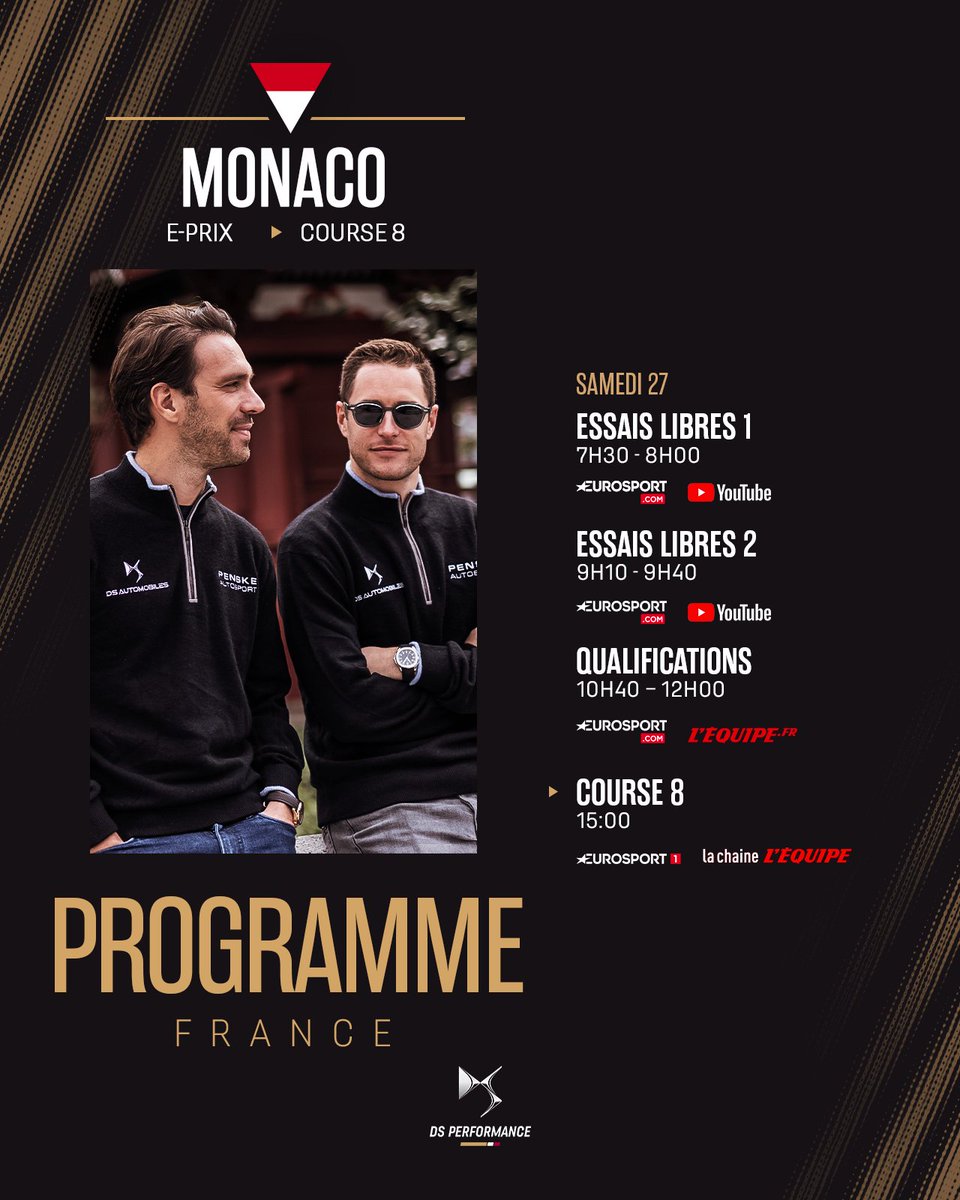 @JeanEricVergne @svandoorne Découvrez le programme du jour. 🏎

#DSautomobiles #MonacoEPrix #DSPENSKE #ABBFormulaE #motorsport #FormuleE