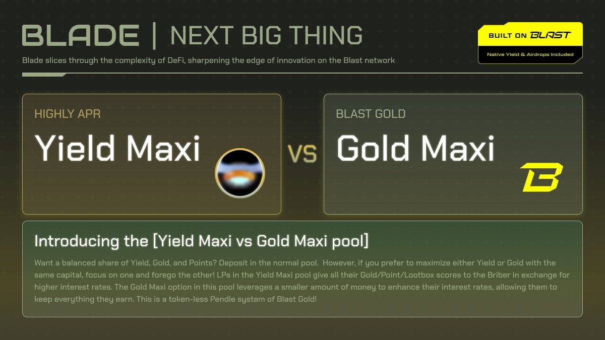 Introducing the Yield vs Gold Maxi Pool! 

From Season 2, Gold will be allocated as follows: 60% to LP, 20% to LootBox (LP/Swap score), and 20% to voters.

⚖️For LPs seeking a balanced APR, Gold, Point, and Lootbox score, the normal pool is your best bet. 

👨‍🌾But if you want to…