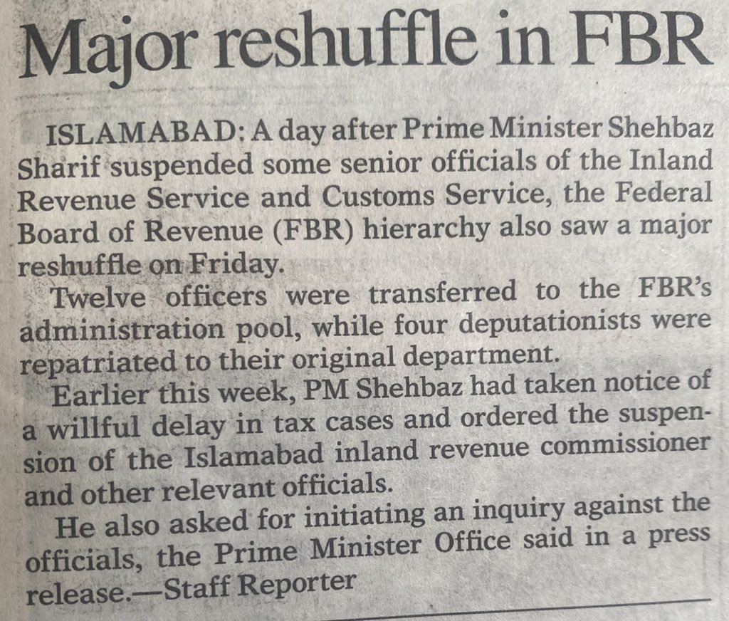 #FBR same old mantras:

-major reshuffle 
-senior officials suspended 
-12 officers transferred 
-PM taken notice
-deputationists repatriated 
-inquiry initiated 

Perish the thought that any actual meaningful reform takes place!