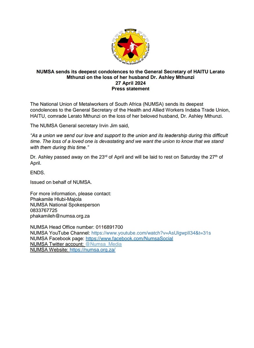 NUMSA sends its deepest condolences to the General Secretary of HAITU Lerato Mthunzi on the loss of her husband Dr. Ashley Mthunzi. May his soul rest in perfect peace 🙏🏾
#ForTheLoveofTheWorkingClass