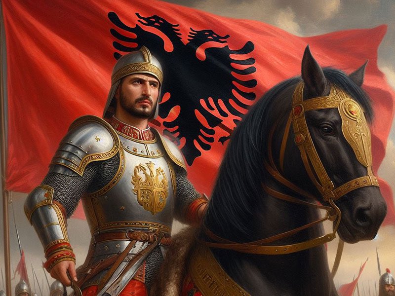 La bandera de Albania, lleva por su historia, una águila bicéfala negra en el centro, en honor a el estandarte que llevaba Gjergj Kastriot Skanderbeg en búsqueda de la independencia de Albania del imperio otomano en el siglo XV.