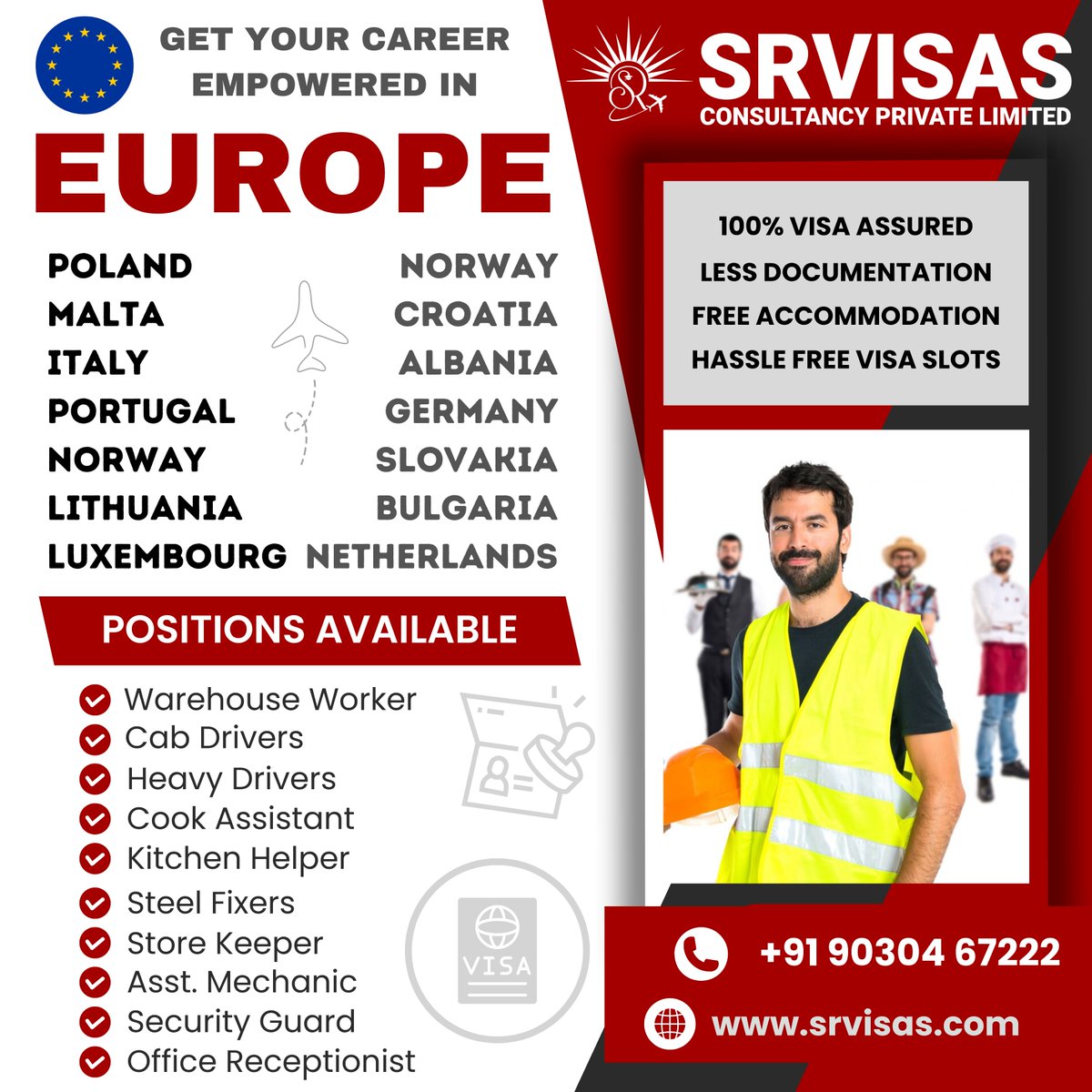Get Your Career Empowered in Europe. Global Opportunities Await. Work Permit Visa Jobs Available. 
#WorkVisa #CareerGoals #VisaService #WorkAbroad #ImmigrationServices #VisaAssistance #VisaExpert #VisaConsultation #VisaApplication #WorkVisa #VisaProcess #VisaSupport