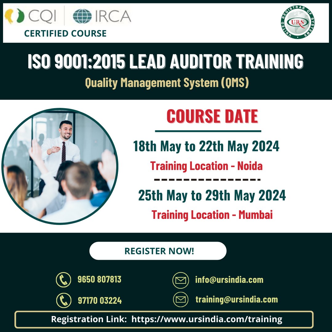 URS announces the ISO 9001:2015 Quality Management System lead audit Training course. Click on Register Now at ursindia.com/training #leadauditor #qms #iso9001 #auditortraining #qmstraining #isoleadtraining #iso9001training