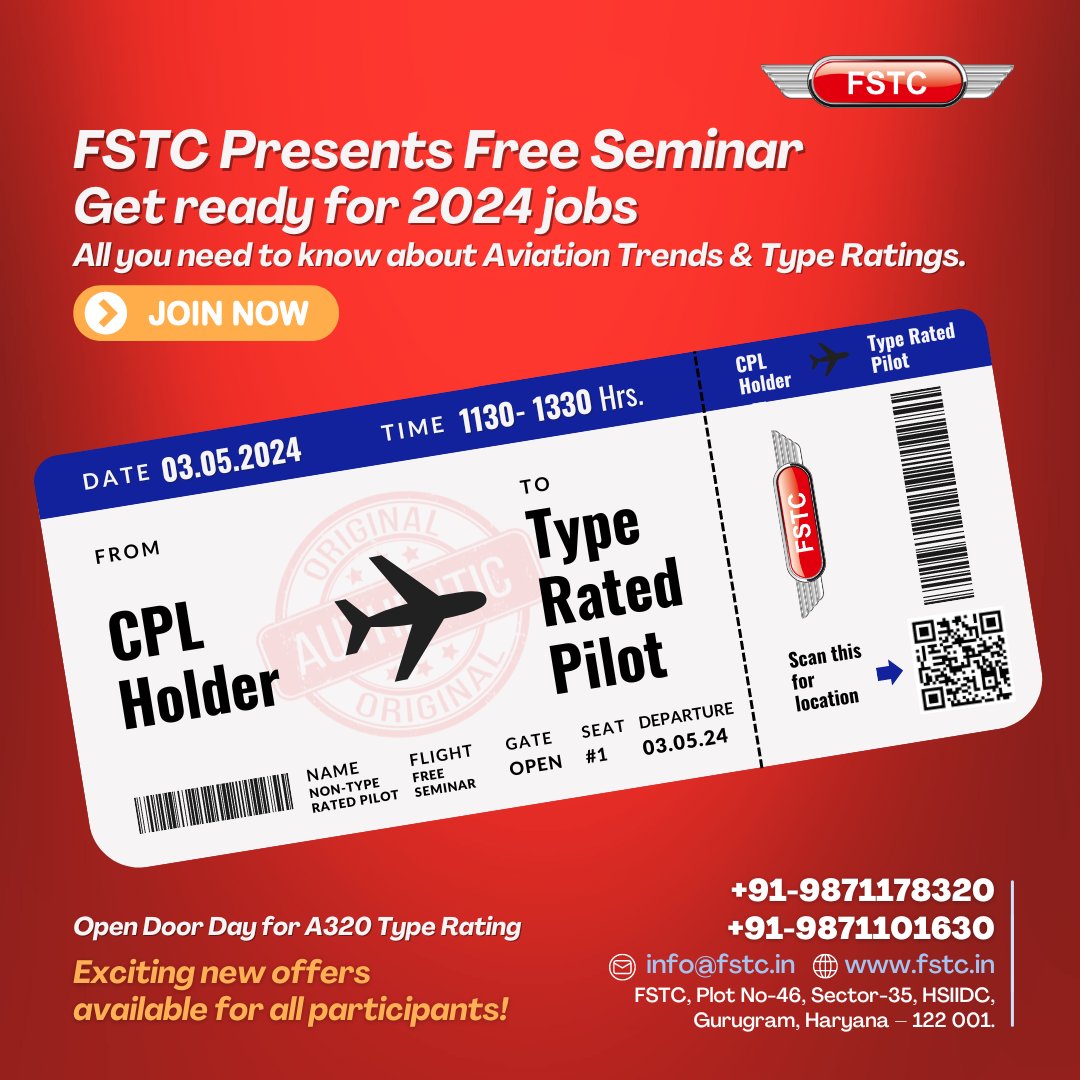 Save the Date for #FREESeminar exclusively tailored for all CPL holders! Date: 3rd  May 2024, Time: 1130 to 1330 Hrs, Location: #FSTC, Plot No-46, Sec -35, HSIIDC, Gurugram, Haryana – 122 001. Get expert advice, ask ur burning questions, & chart a course towards ur dream career