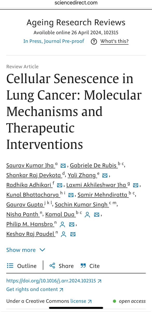 Review article “Cellular Senescence in Lung Cancer” in Ageing Research Review 
@Fettinasi @ShankarRajDevk1 @Mehndiratta_Sam @gauravpharma25 @SachinK00306908 @PanthNisha @Kam_Dua @HansbroResearch @UTS_Science @UTS_GSH @CentenaryInst 
@IASLC @preventcancer 
sciencedirect.com/science/articl…