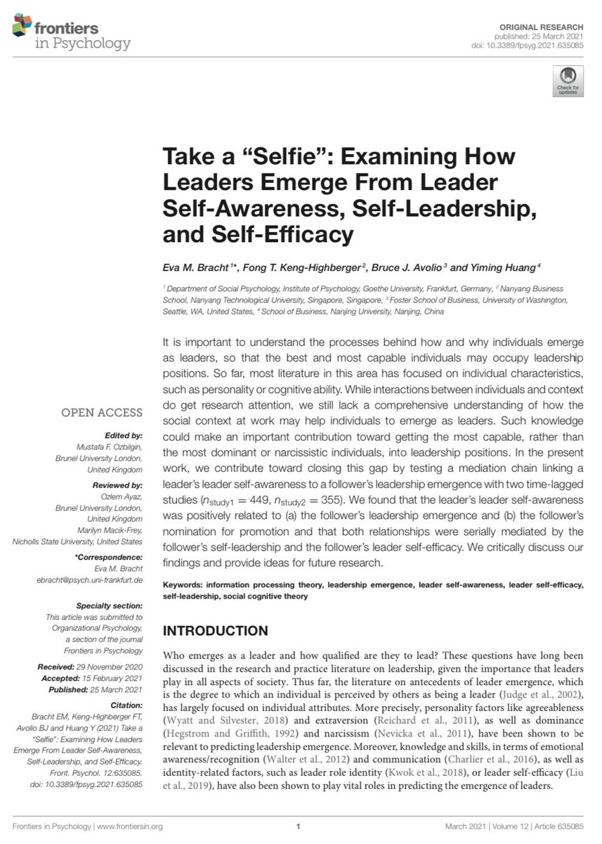 Examining How Leaders Emerge From Leader Self-Awareness, Self-Leadership, and Self-Efficacy Who emerges as a leader and how qualified are they to lead? Understanding the processes behind how and why individuals emerge as leaders. frontiersin.org/journals/psych….