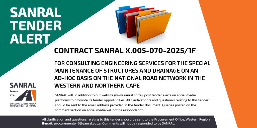 SANRAL TENDER ALERT Number: CONTRACT SANRAL X.005-070-2025/1F Title: FOR CONSULTING ENGINEERING SERVICES FOR THE SPECIAL MAINTENANCE OF STRUCTURES AND DRAINAGE ON AN AD-HOC BASIS ON THE NATIONAL ROAD NETWORK… Link: bit.ly/4dj1Ky8 Contact: procurementwr6@sanral.co.za